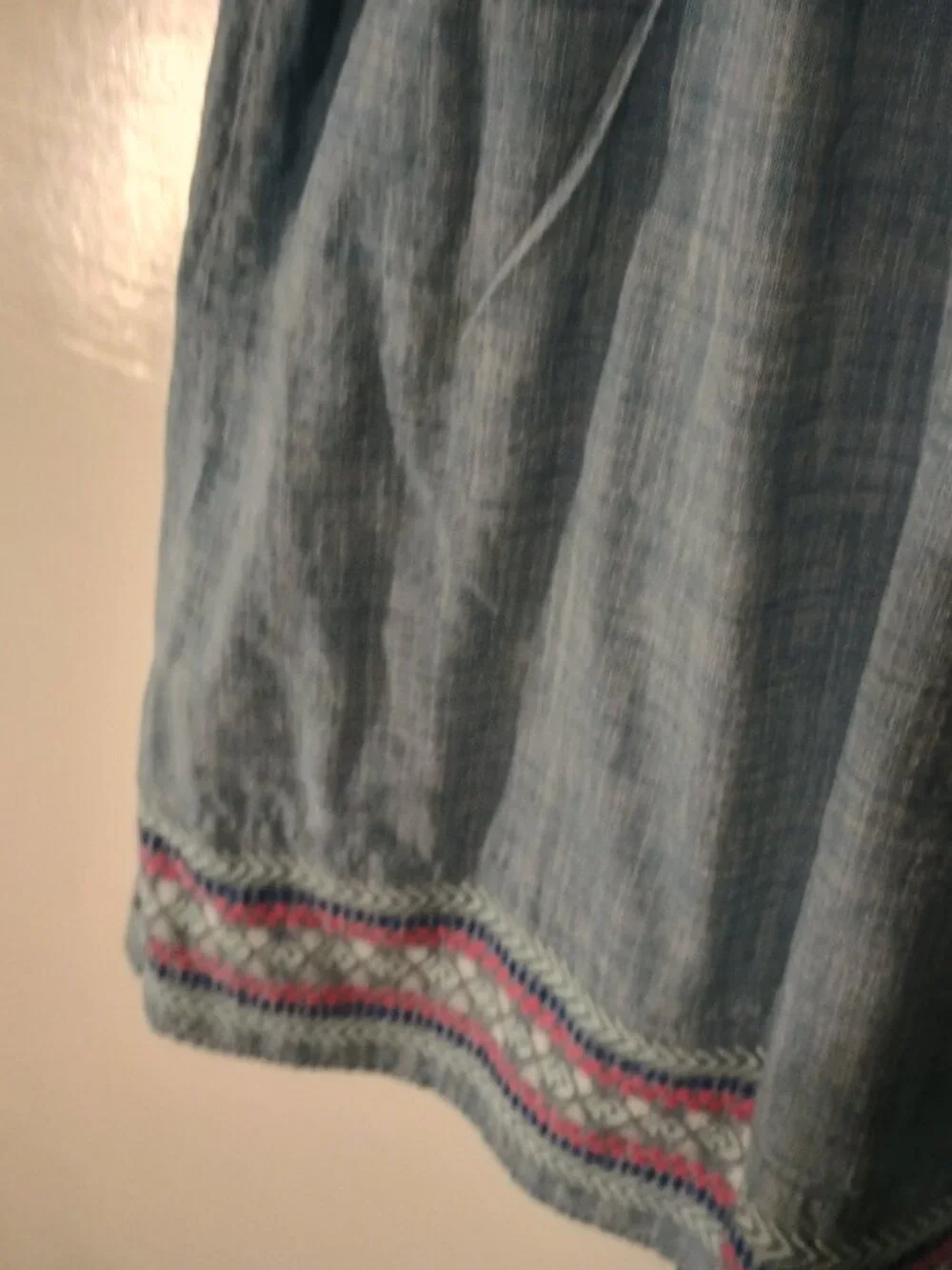 Girls XL 14/16 Chambray Embroidered Peasant Dress Blue Boho Cotton Short Sleeve